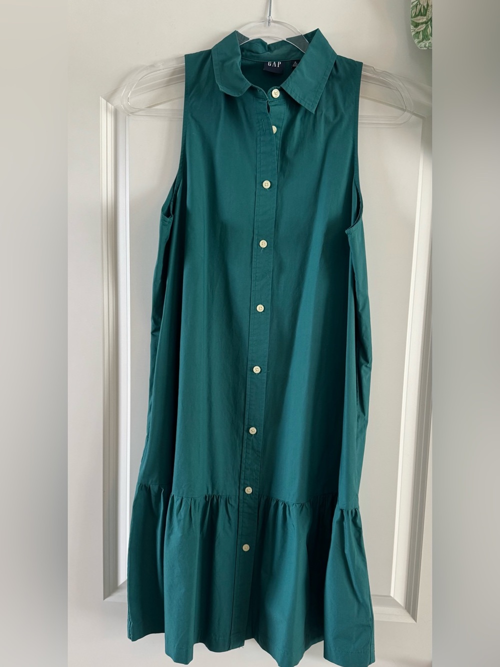 GAP Jade/Teal Sleeveless Button-Front Midi Ruffle Shirt Dress